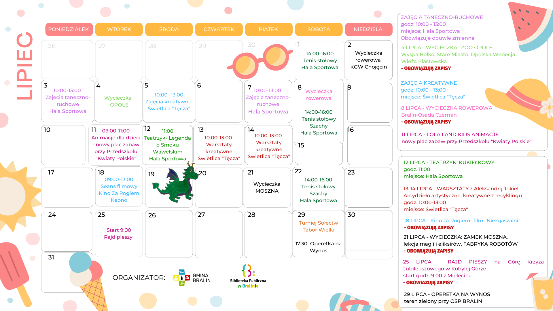 Harmonogram wakacyjnych zajęć wakacyjnych w&nbsp;gminie Bralin