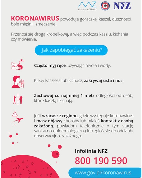 Plakat przedstawia zasady jak zapobiegac zarażeniu koronawirusem