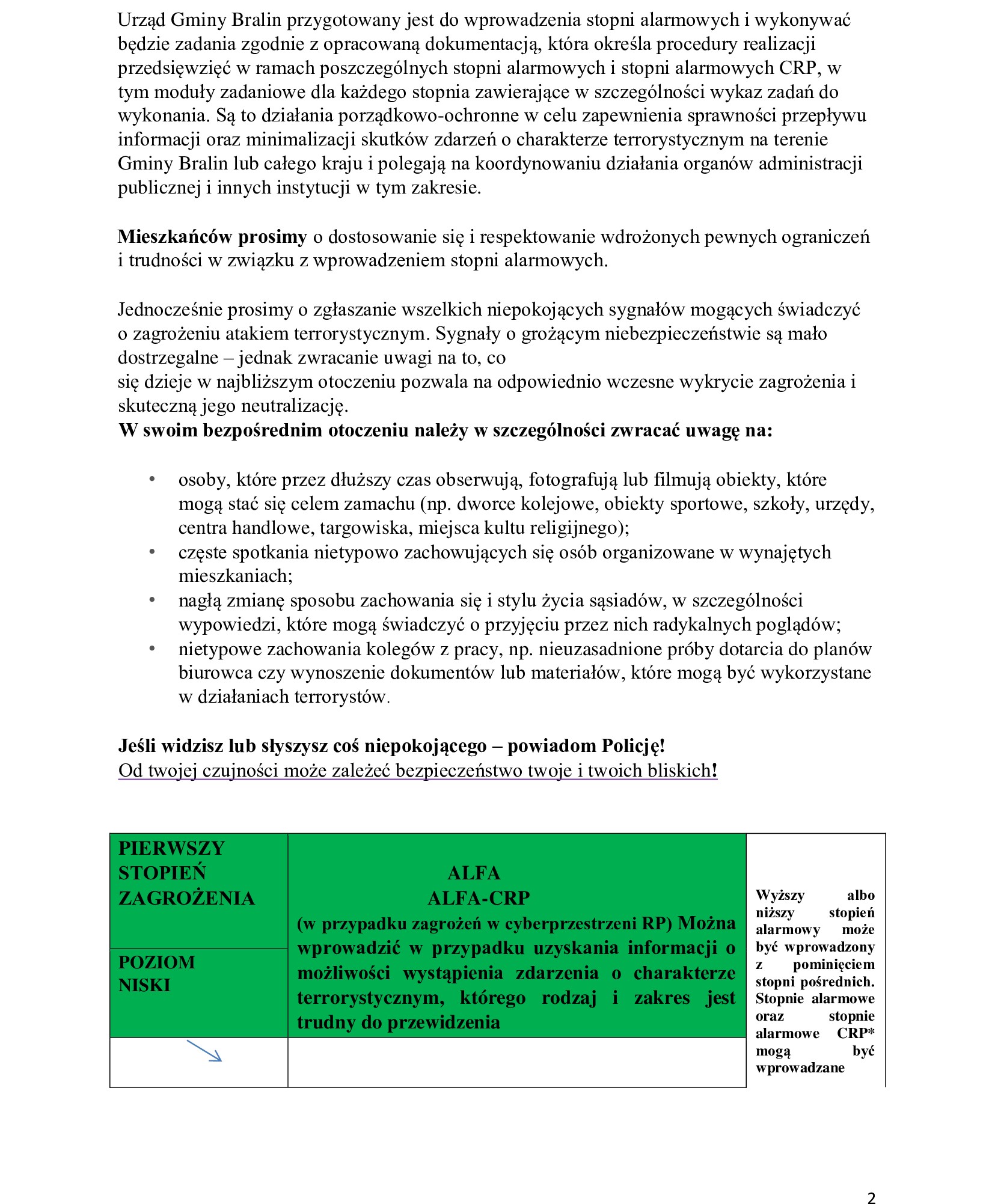 Komunikat o stopniach alarmowych