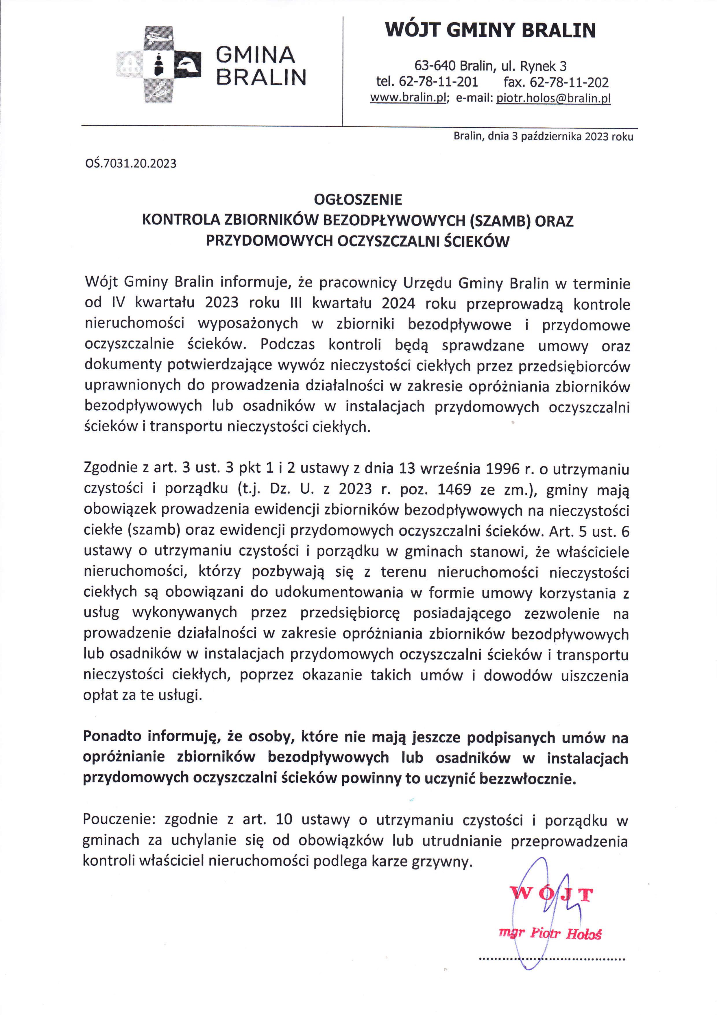 Ogłoszenie w&oacute;jta gminy Bralin dot. kontroli przydomowych oczyszczalni i&nbsp;szamb