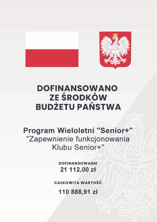 Plakat  z&nbsp;informacją o&nbsp;dofinansowaniu do Klubu Senior +