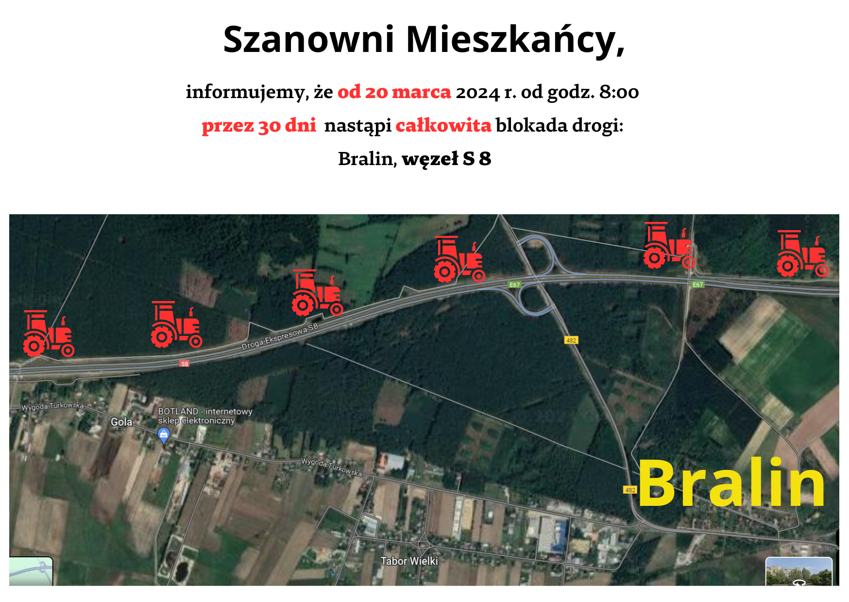 Grafika dot. protestu rolnik&oacute;w, węzeł S8 w&nbsp;Bralinie