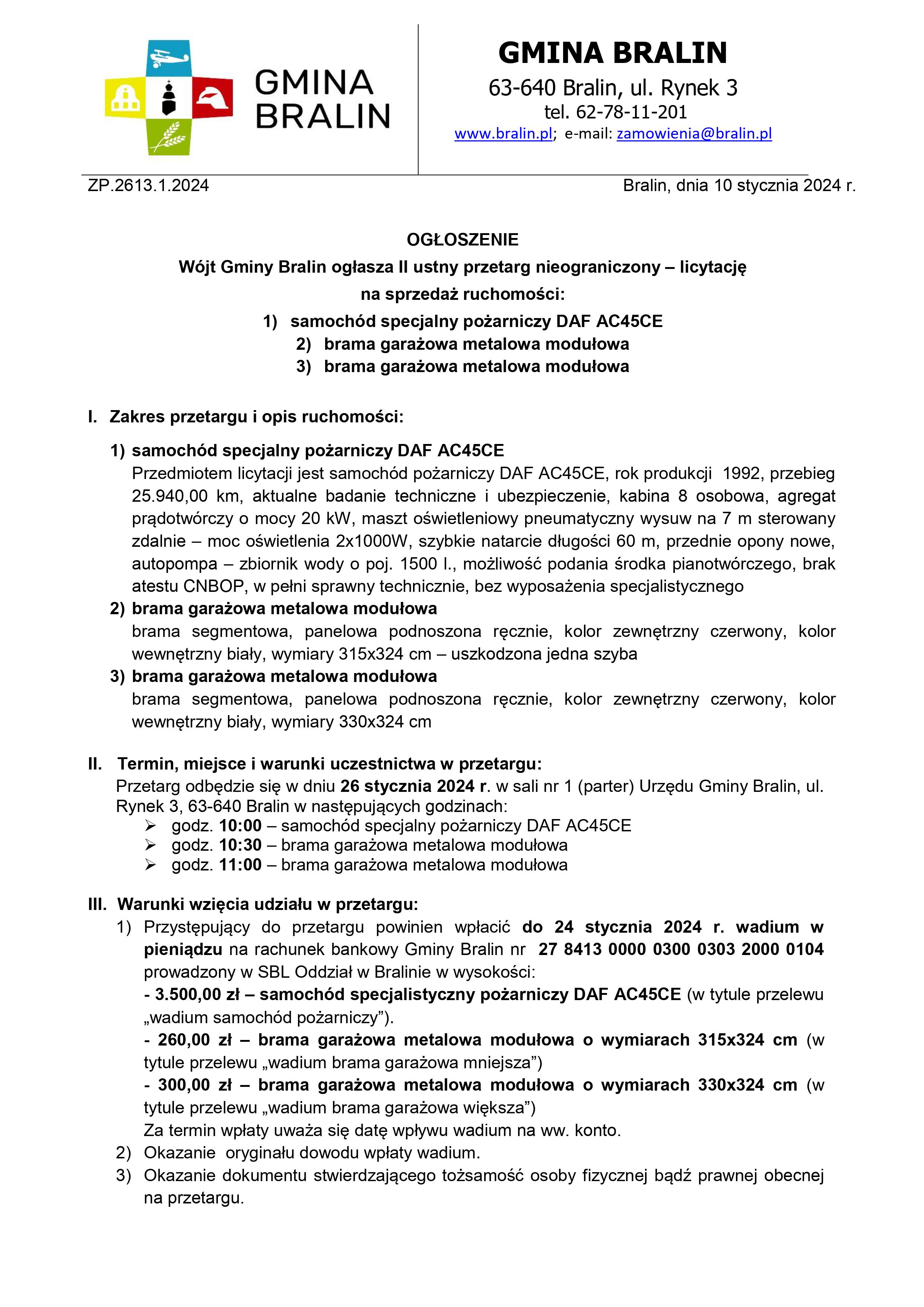 Informacja o&nbsp;przetargu Gmina Bralin