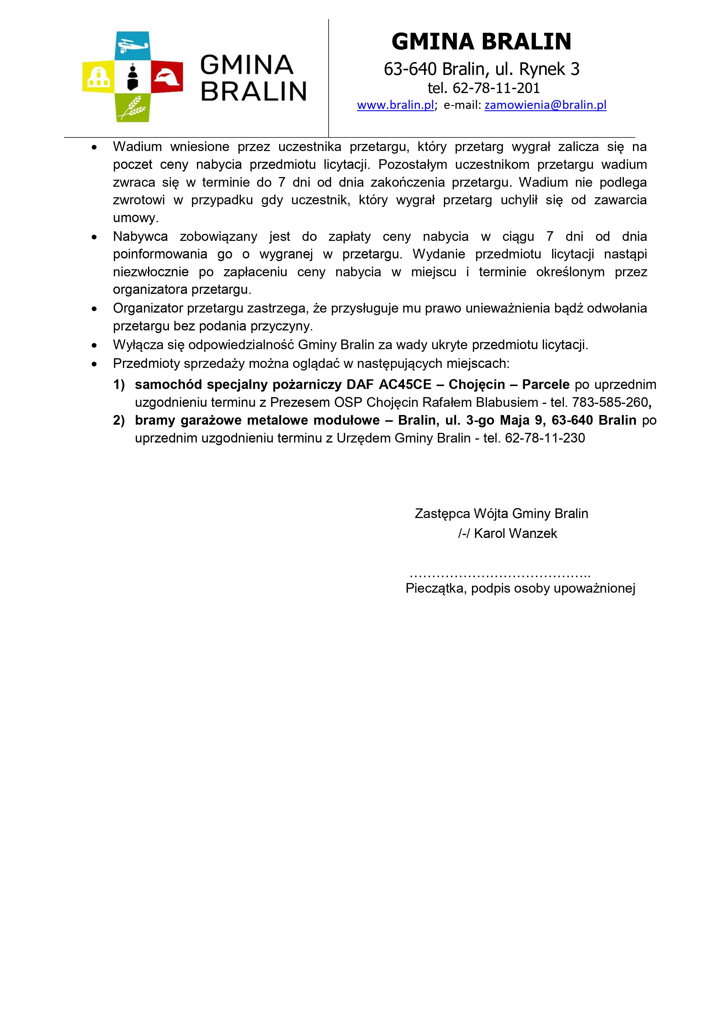 Informacja o&nbsp;przetargu Gmina Bralin