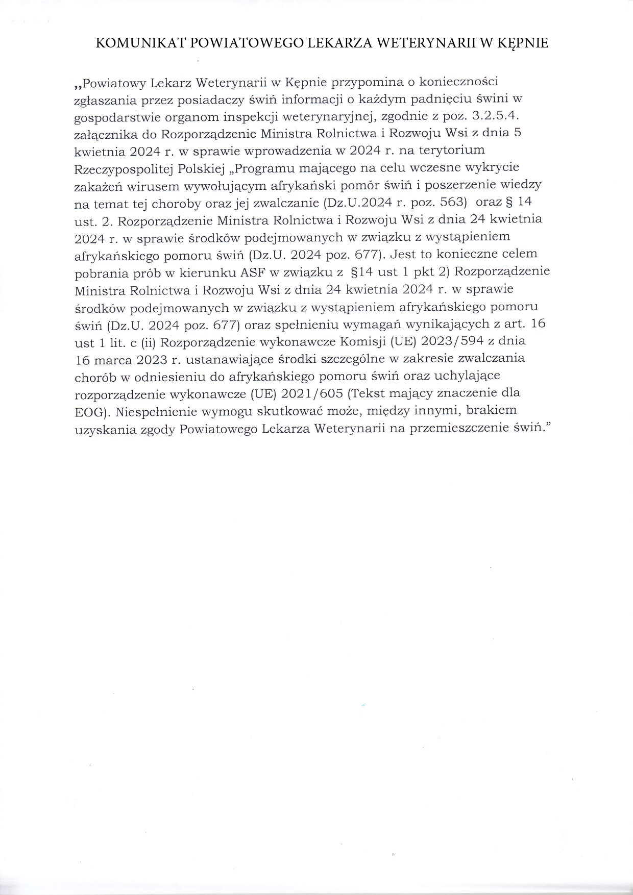 Komunikat Powiatowego Lekarza Weterynarii w&nbsp;Kęnie o&nbsp;konieczności zgłaszania przez posiadaczy świń o&nbsp;każdym padnięciu zwierzęcia w&nbsp;ramach profilaktyki afrykańskiego pomoru świń.