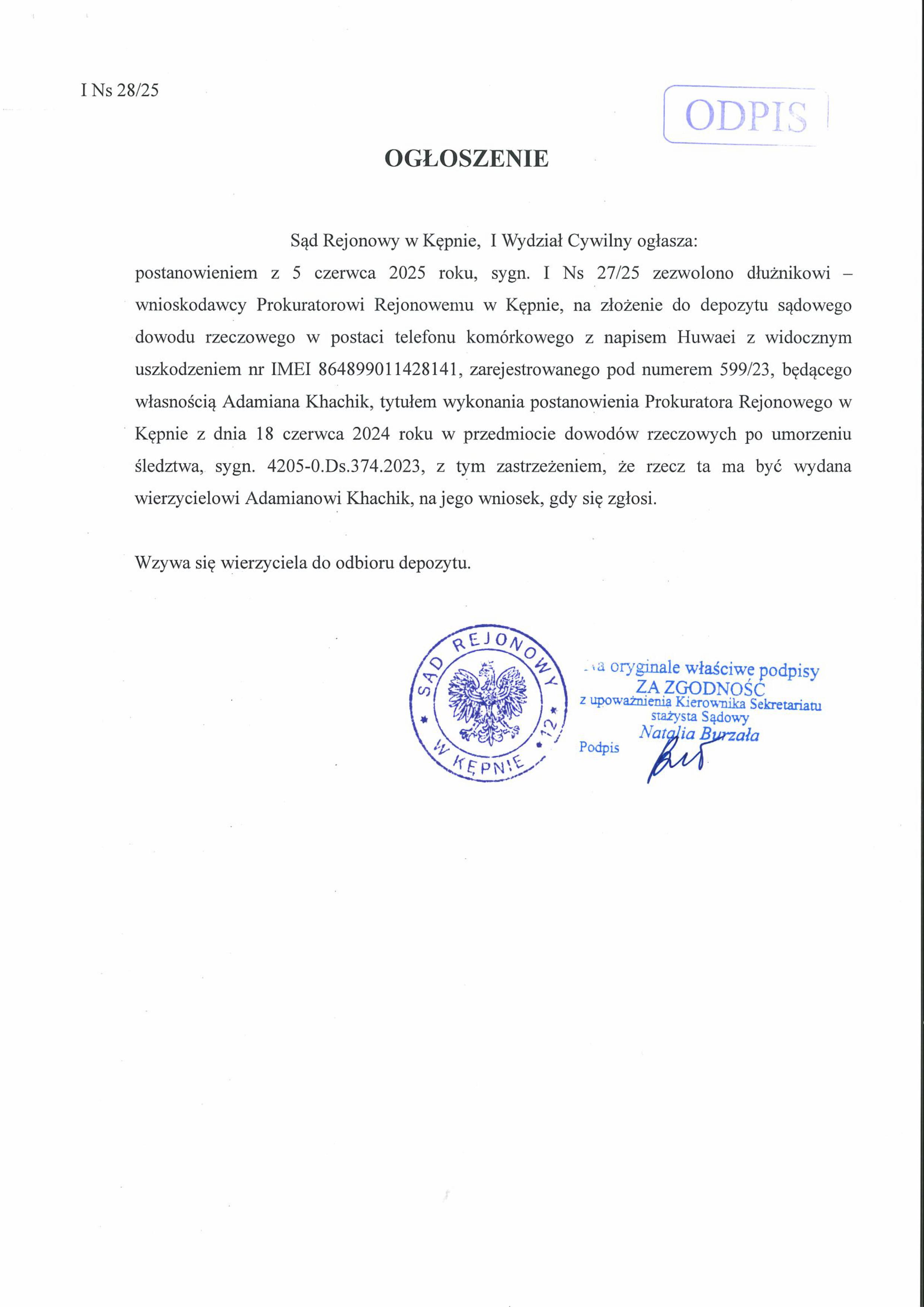 Ogłoszenie Sądu o depozycie