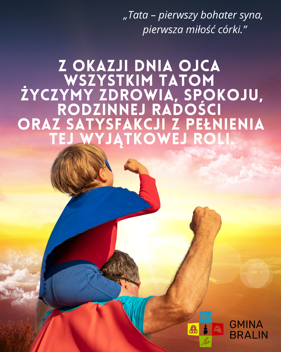 Grafika Dzień Ojca, tata w&nbsp;pelerynie wraz z&nbsp;chłopcem