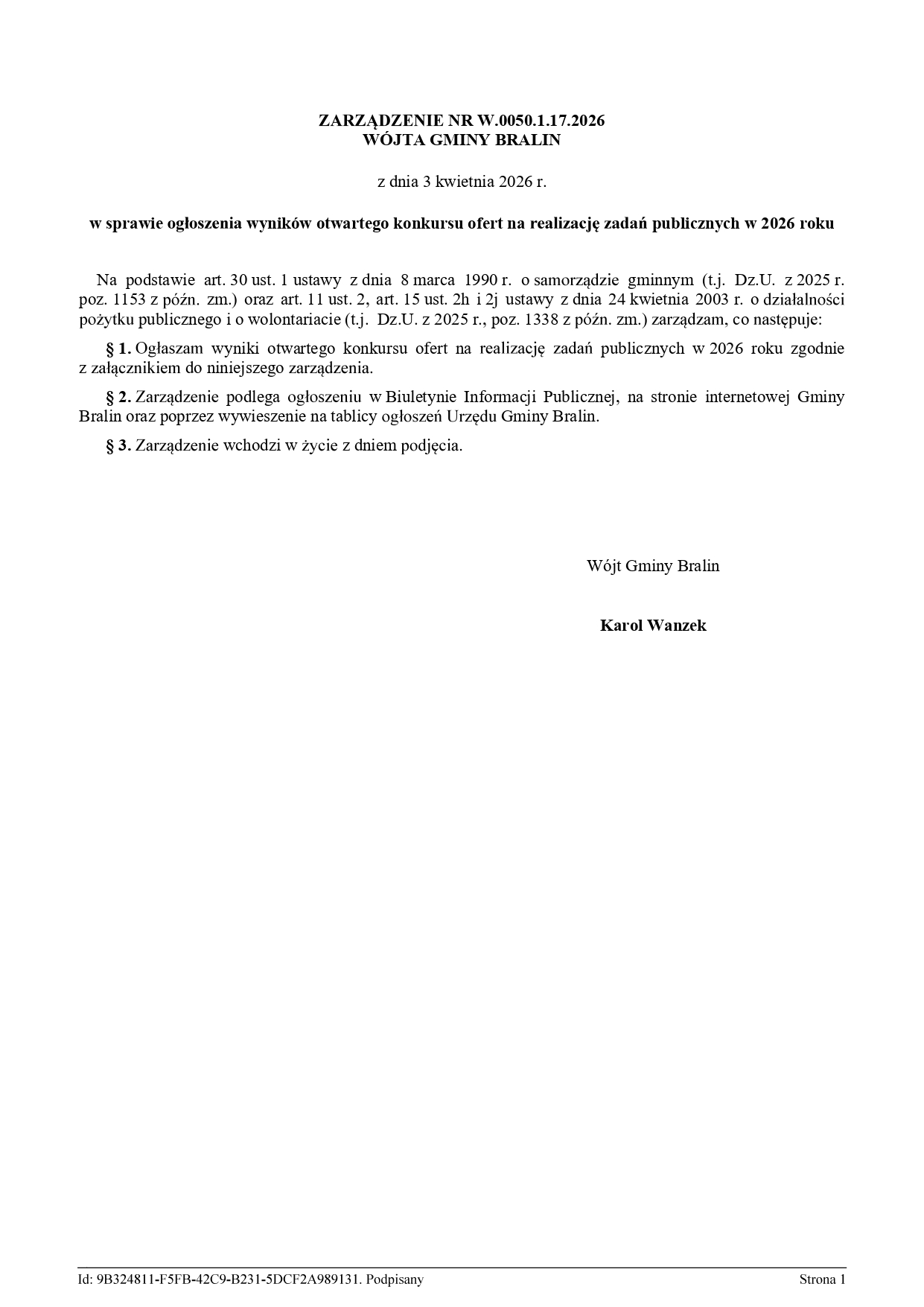 Zarządzenie, ogłoszenie wynik&oacute;w konkursu