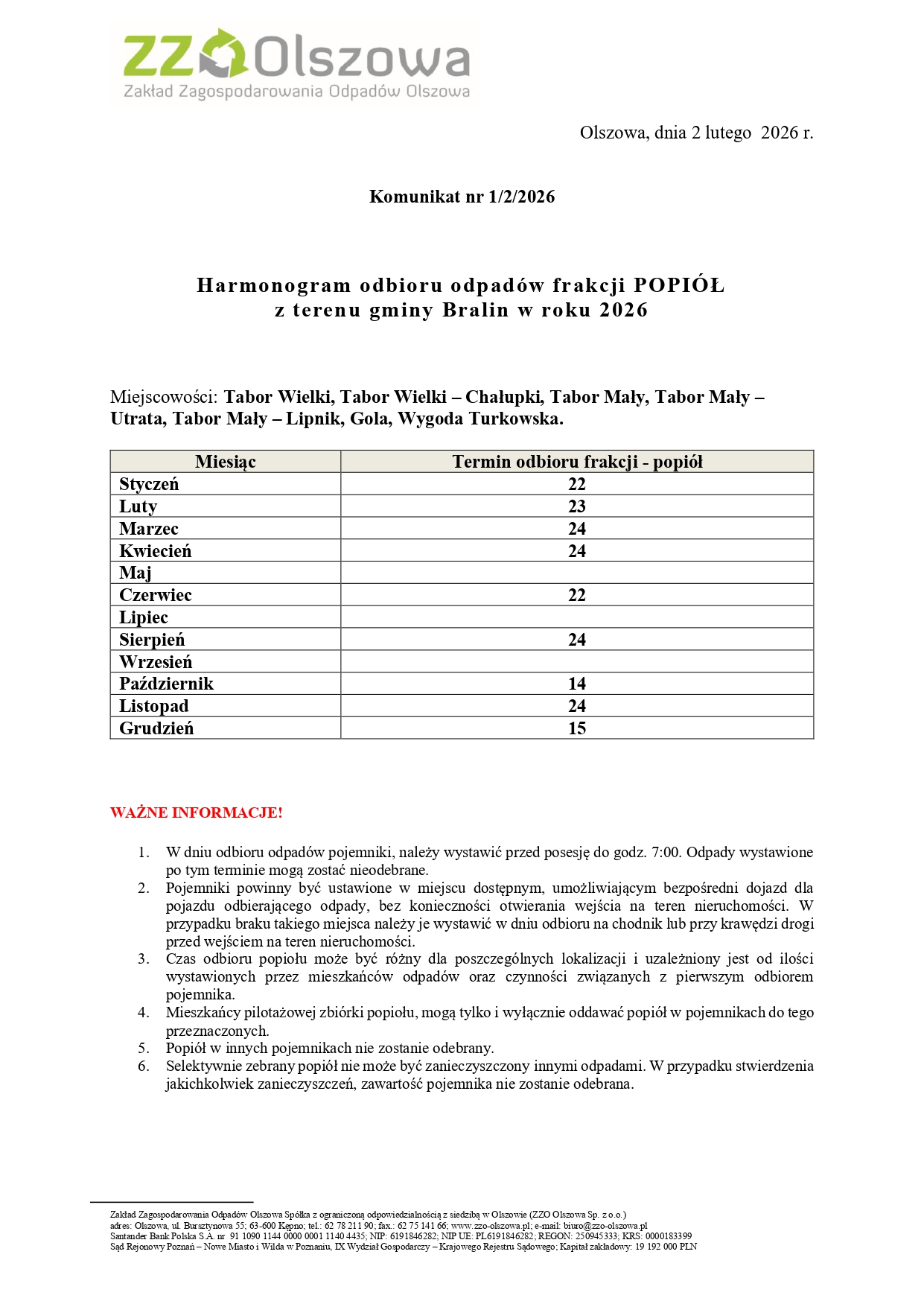 Harmonogram odbioru popiołu