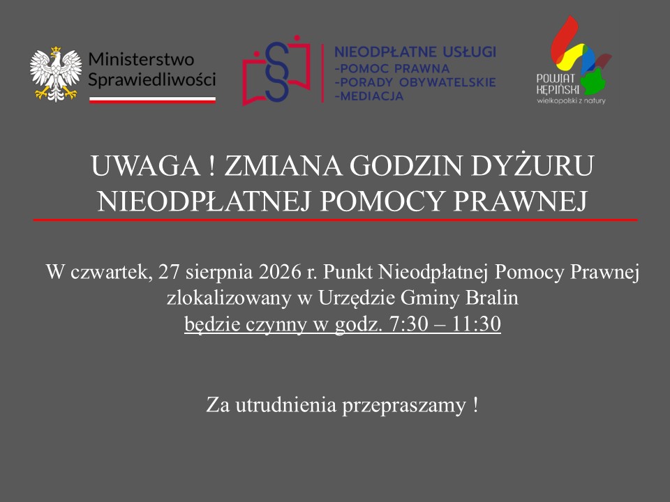 Zmiana godzin dyżuru nieodpłatnej pomocy prawnej
