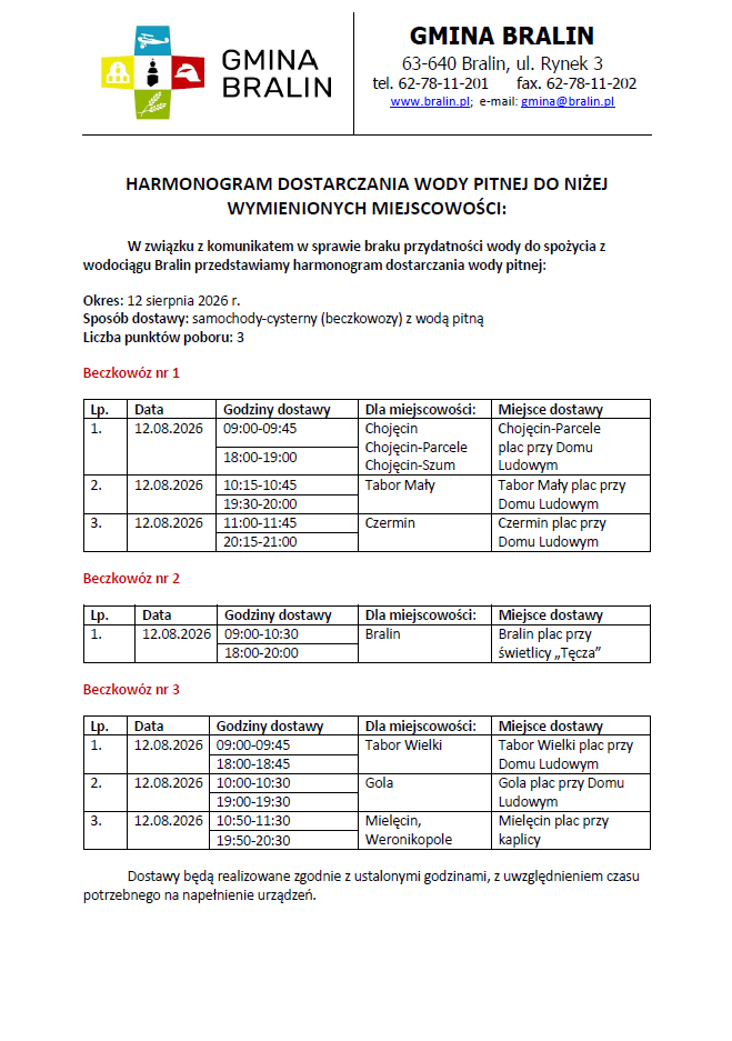 Harmonogram dostarczania wody pitnej w&nbsp;dn. 12.08.2026 r.