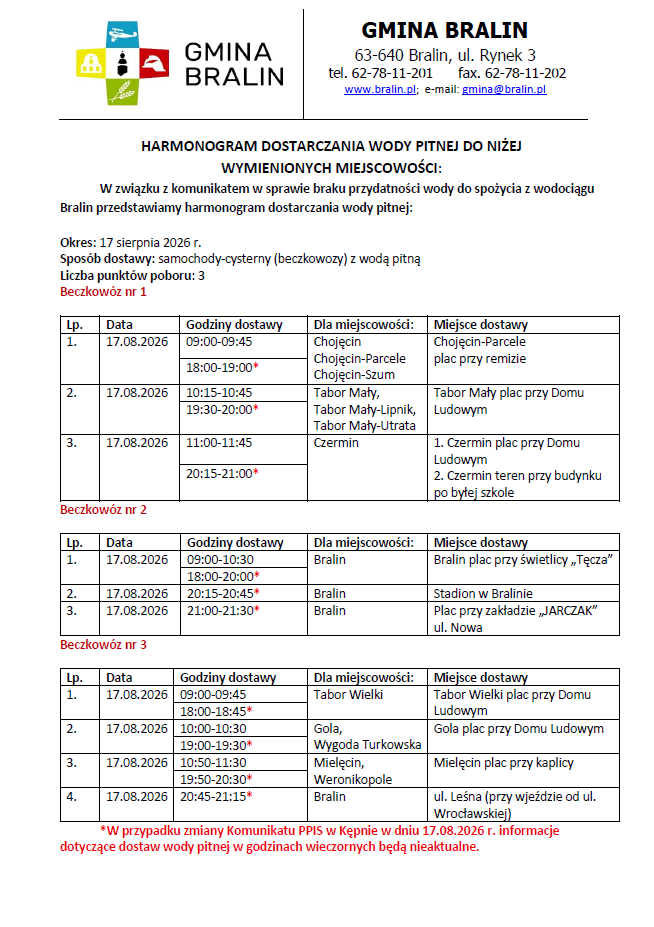 Harmonogram dostaw wody pitnej - 17.08.2026