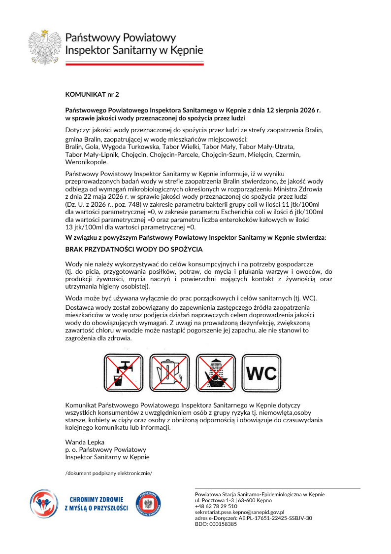 Komunikat Nr 2 Państwowego Powiatowego Inspektora Sanitarnego w&nbsp;Kępnie z&nbsp;dnia 12 sierpnia 2026 r. w&nbsp;sprawie jakości wody przeznaczonej do spożycia przez ludzi