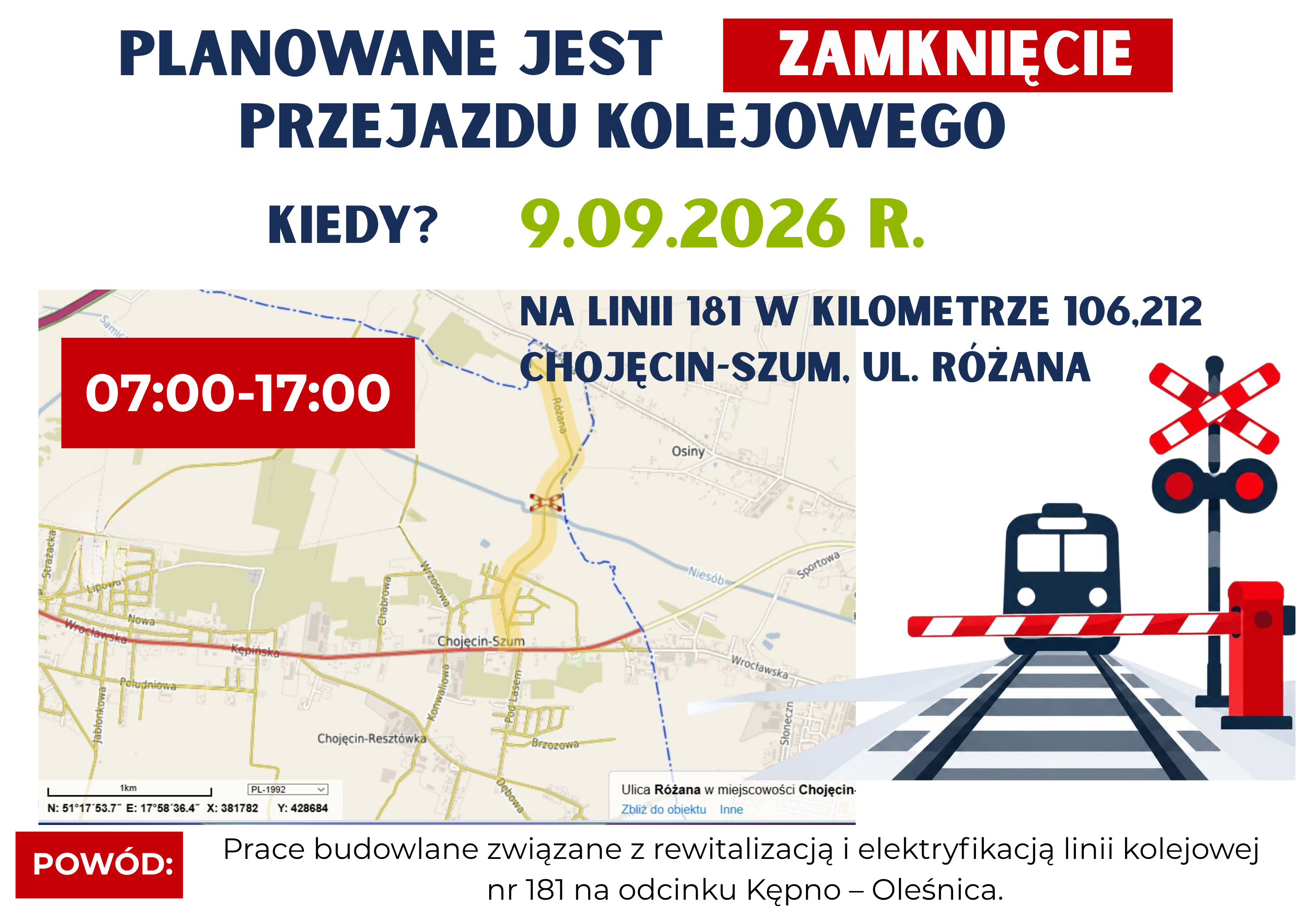 Komunikat dot. zamknięcia przejazdu kolejowego