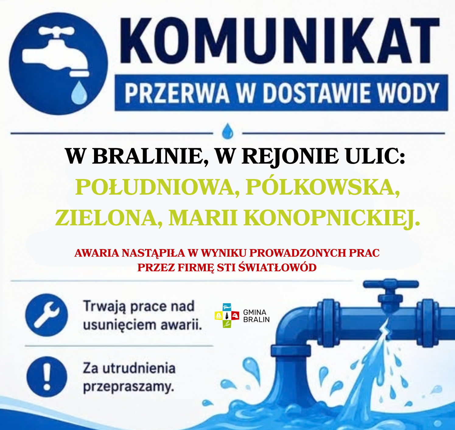 Komunikat awaria sieci wodociągowej