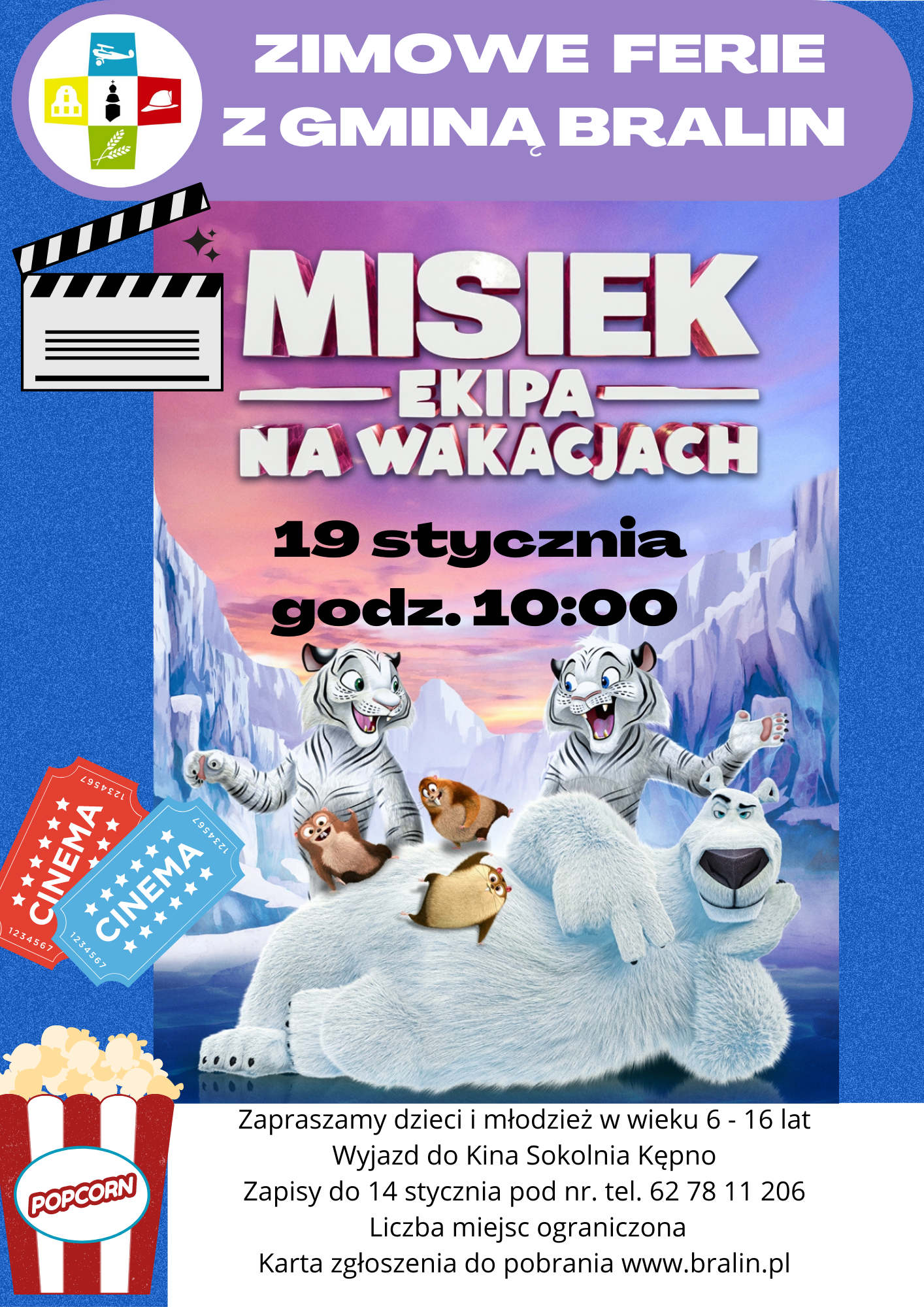 Plakat dotyczący wyjazdu do Kina Sokolnia w Kępnie w czasie ferii zimowych