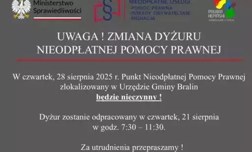 Zmiana Dyżuru nieodpłatnej pomocy prawnej