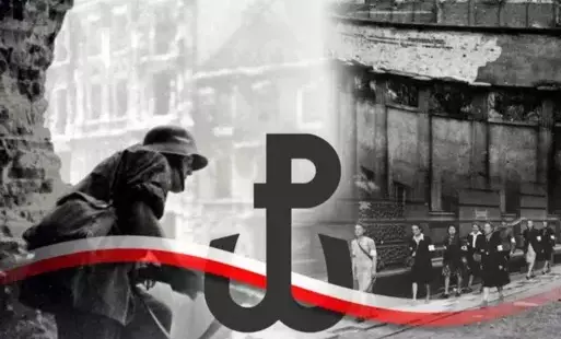 Żołnierz na czarnym tle kotwica i flaga biało czerwona