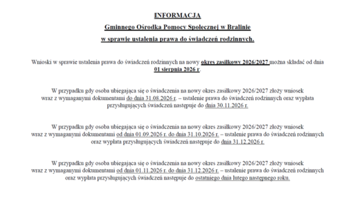 Zdjęcie do Informacja Gminnego Ośrodka Pomocy Społecznej w Bralinie w sprawie ustalenia prawa do świadczeń rodzinnych