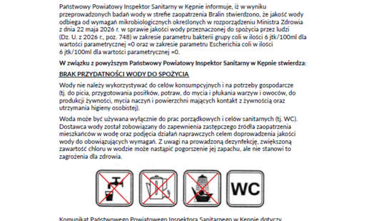 Zdjęcie do Komunikat Państwowego Powiatowego Inspektora w Kępnie z dnia 11.08.2026 r. w sprawie jakości wody przeznaczonej do spożycia