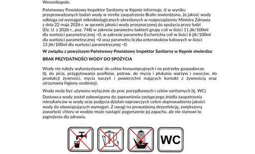 Komunikat Nr 2 Państwowego Powiatowego Inspektora Sanitarnego w Kępnie z dnia 12 sierpnia 2026 r. w sprawie jakości wody przeznaczonej do spożycia przez ludzi