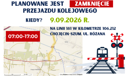 Informacja o planowanym zamknięciu przejazdu kolejowego